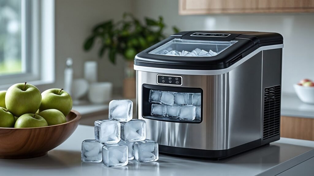 A modern Aicok ice maker placed on a bright kitchen counter for easy access.