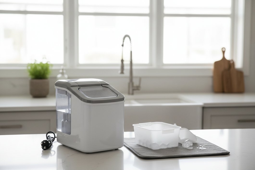 A countertop ice maker sitting in a well-ventilated kitchen corner producing fresh ice.