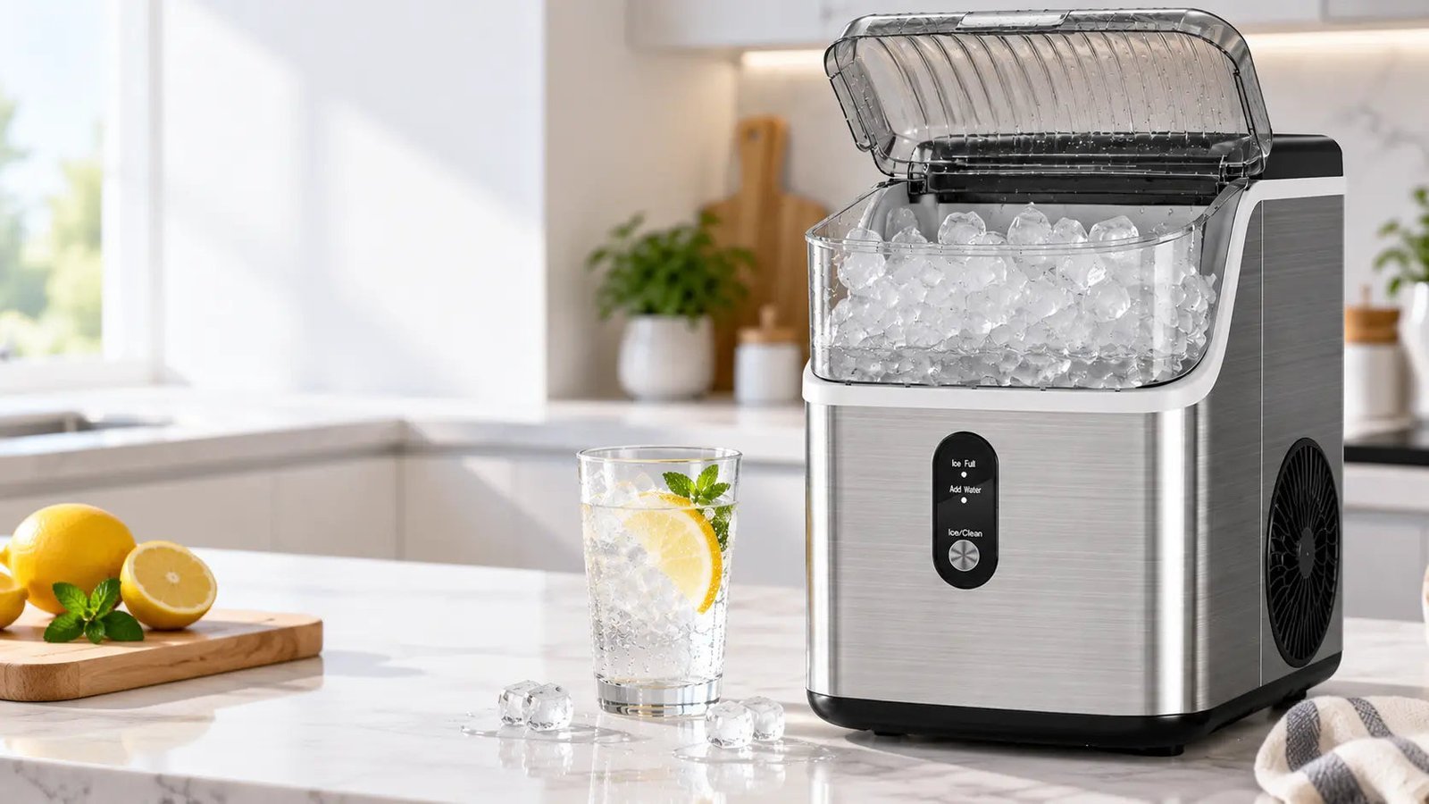 Hands transferring fresh ice cubes into a sealed container for freezer storage.