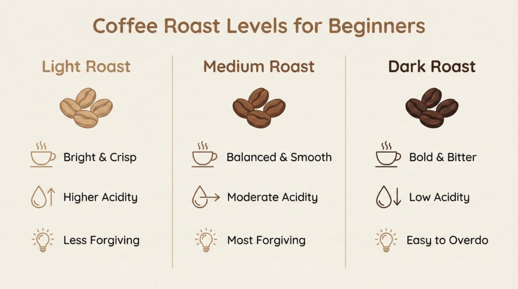 A collection of light roast coffee beans and brewing equipment for beginner coffee enthusiasts.