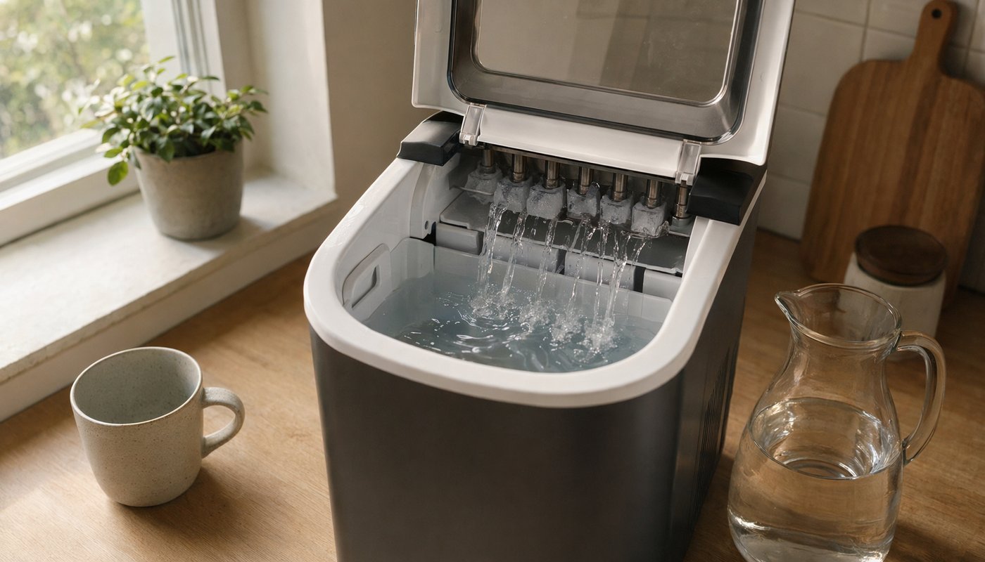 A person performing maintenance on a countertop ice maker in a clean kitchen.