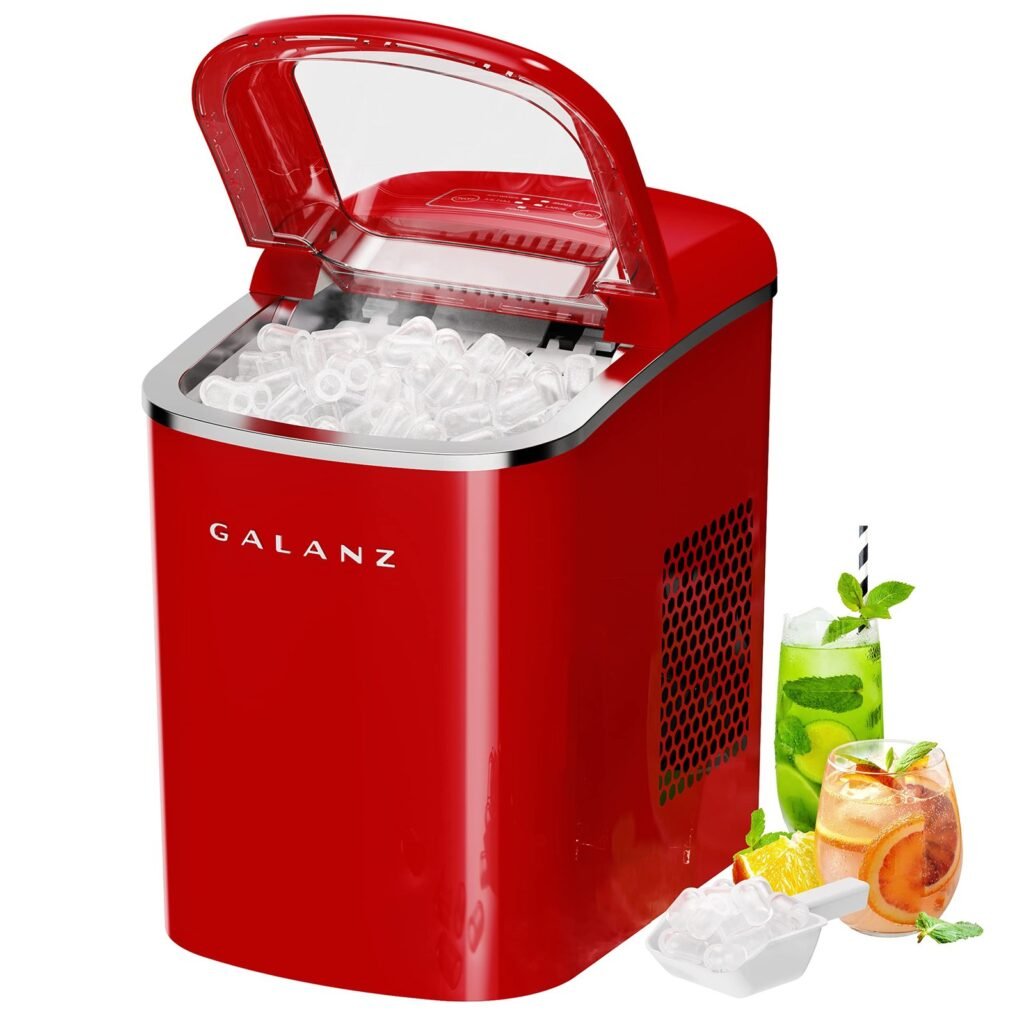 A modern Galanz ice maker on a kitchen counter with fresh ice cubes.