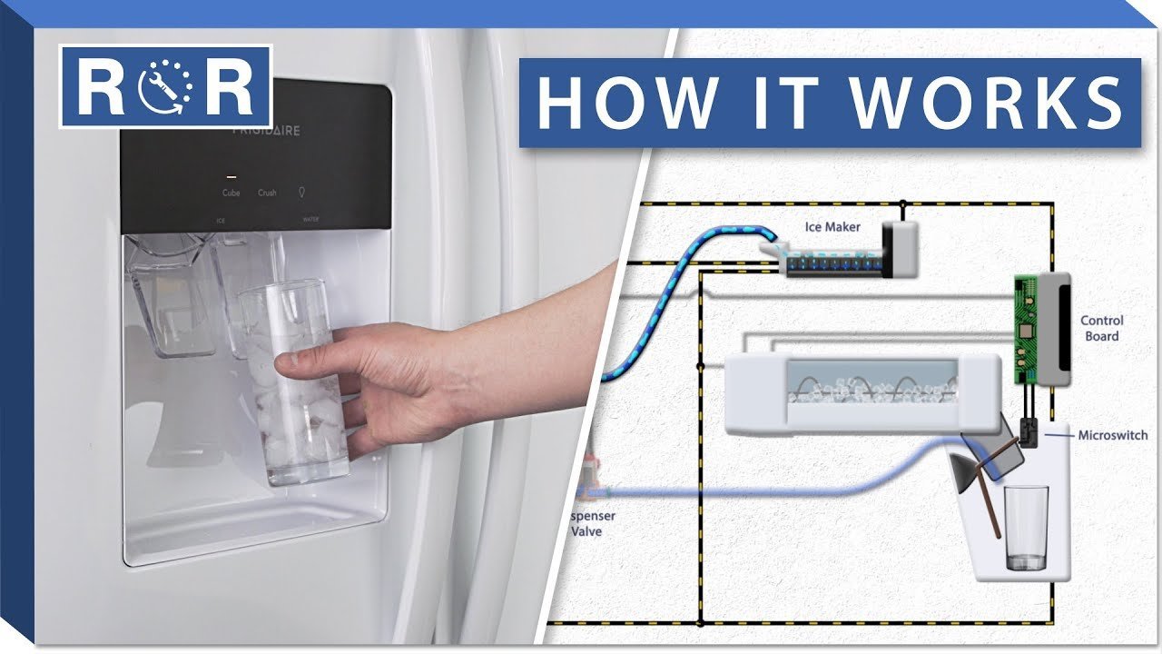 Technician checking the water supply line and filter of a home ice maker.