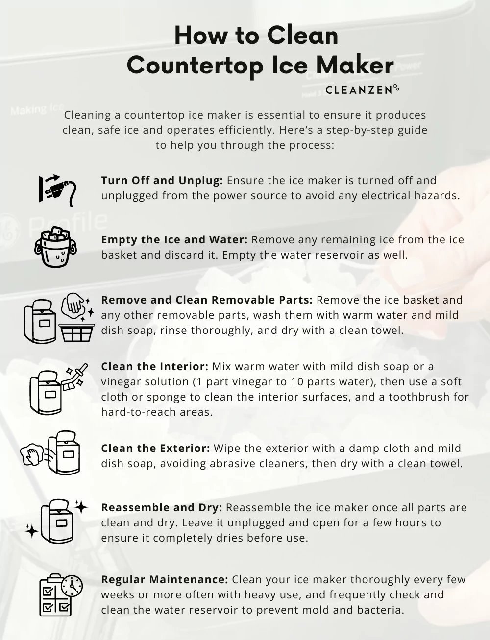 Countertop ice maker placed on a clean kitchen counter for an FAQ guide.