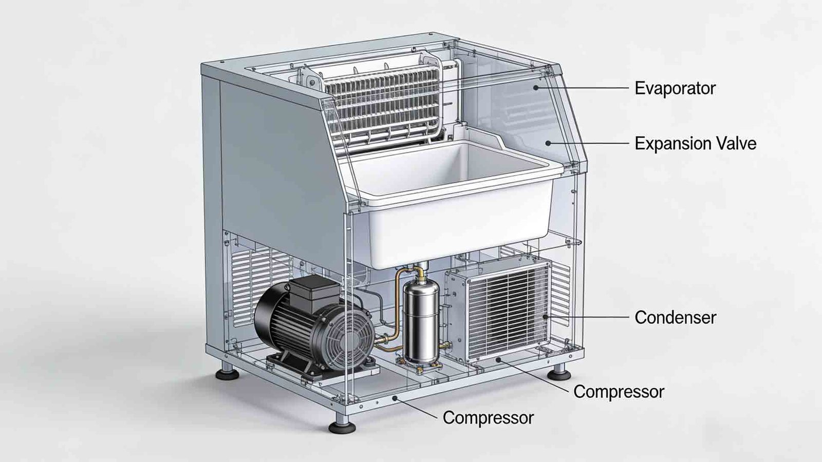 Close up view of the water pump and evaporator plate inside an ice machine.