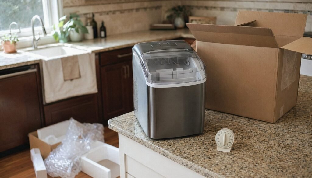 A modern countertop ice maker producing fresh ice in a bright kitchen setting.