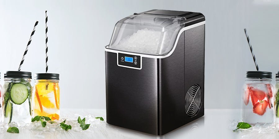 A close-up view of a modern freezer ice maker filled with fresh ice.