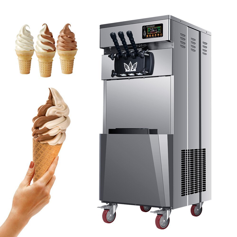 A professional twin-spout commercial ice cream machine sits in a clean, upscale dessert shop.