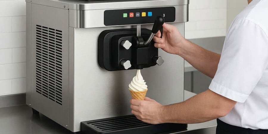 A modern commercial ice cream machine stands ready for use in a clean cafe.