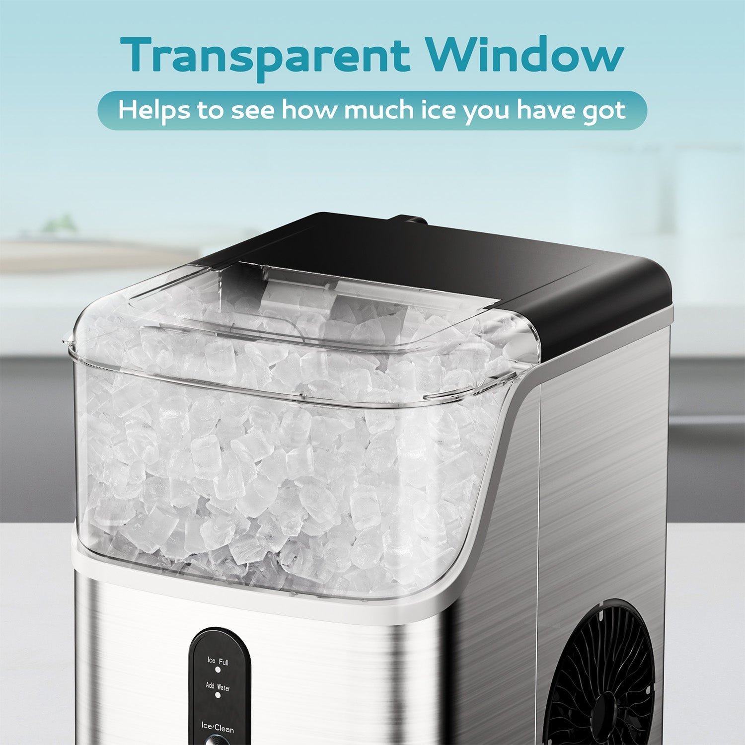 A modern ice maker placed on a home bar counter for easy access.