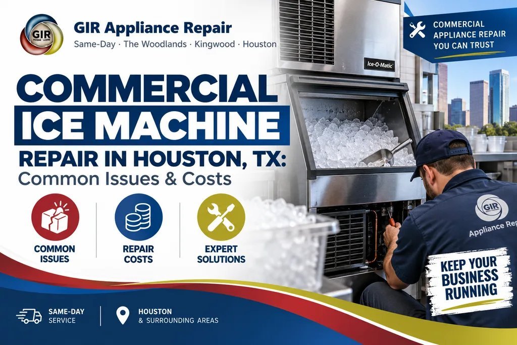 A commercial ice machine sits in a clean kitchen near professional plumbing pipes.