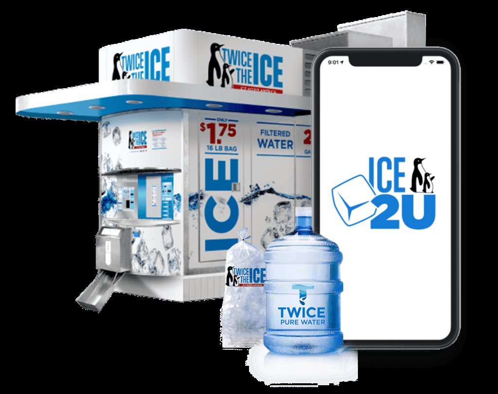 A modern commercial ice vending machine stands outside ready for customers.