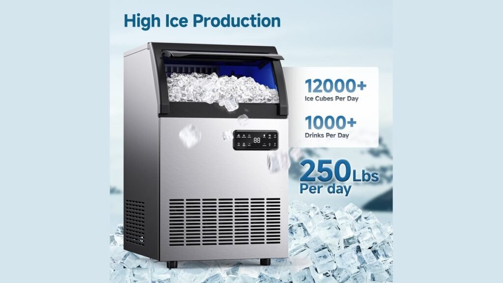 A stainless steel commercial ice maker sits in a clean professional kitchen environment.