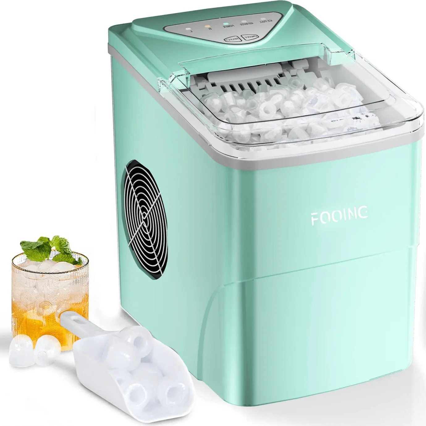 A person holding a glass of fresh ice near a modern machine.