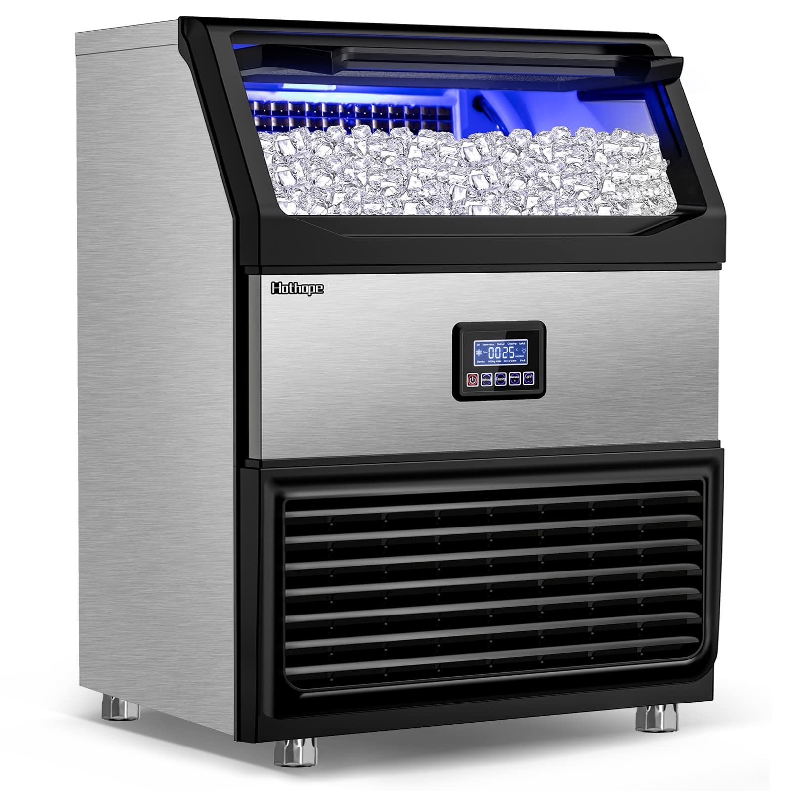 A small countertop ice maker machine is displayed next to a large industrial unit.