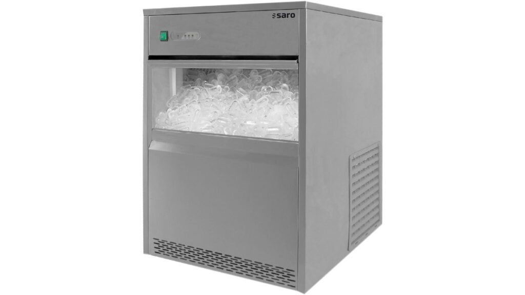 A modern stainless steel ice maker machine sits on a clean kitchen countertop.