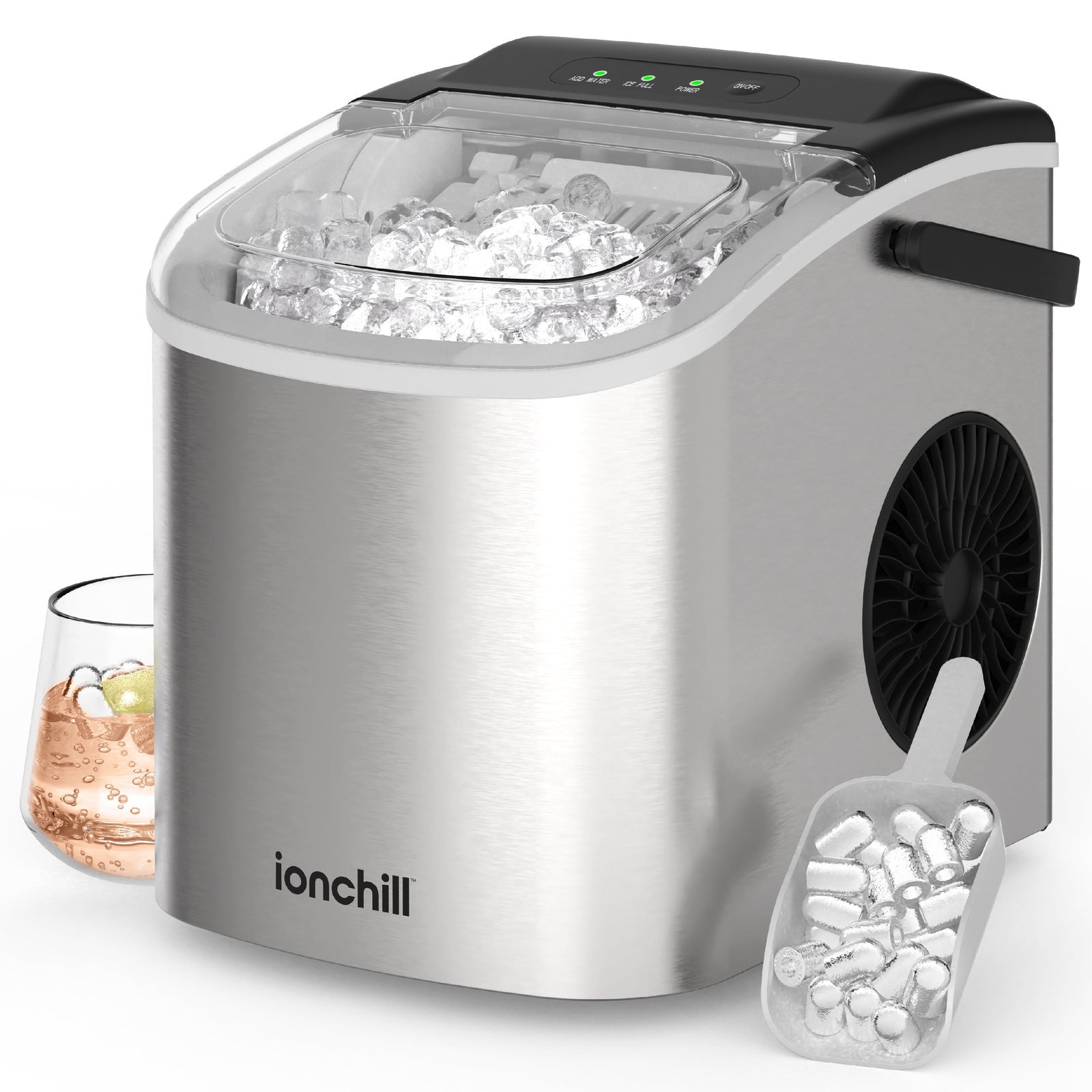 High quality clear ice cubes held in a hand next to an ice maker.