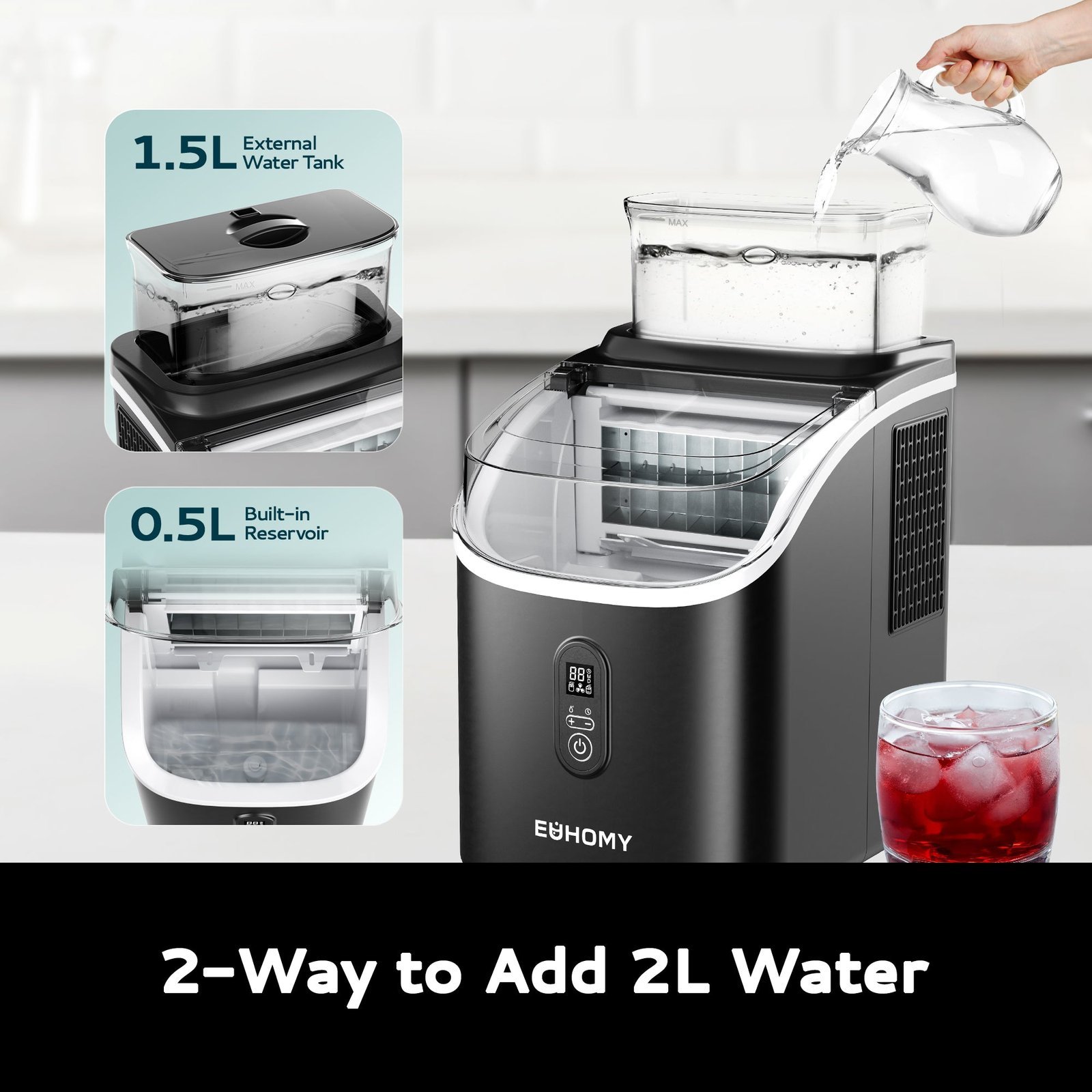 A countertop ice maker shows a green light indicating successful water filling.