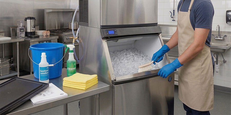 Fresh clear ice cubes falling into the bin of a commercial ice machine.