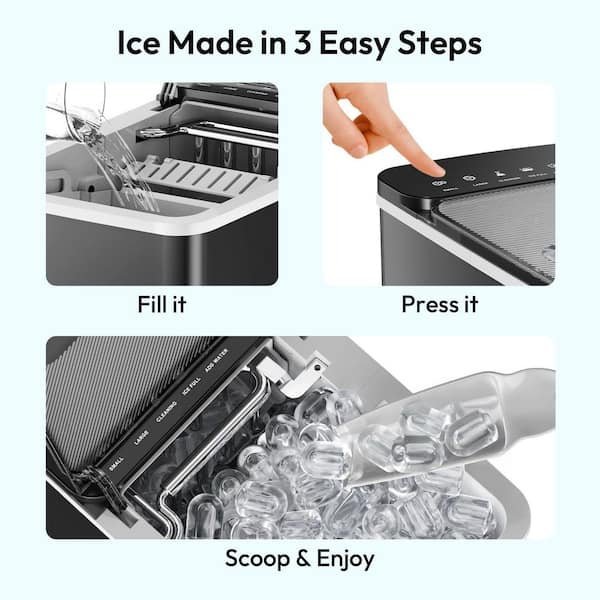 Pouring filtered water into the reservoir of a countertop ice maker to the line.