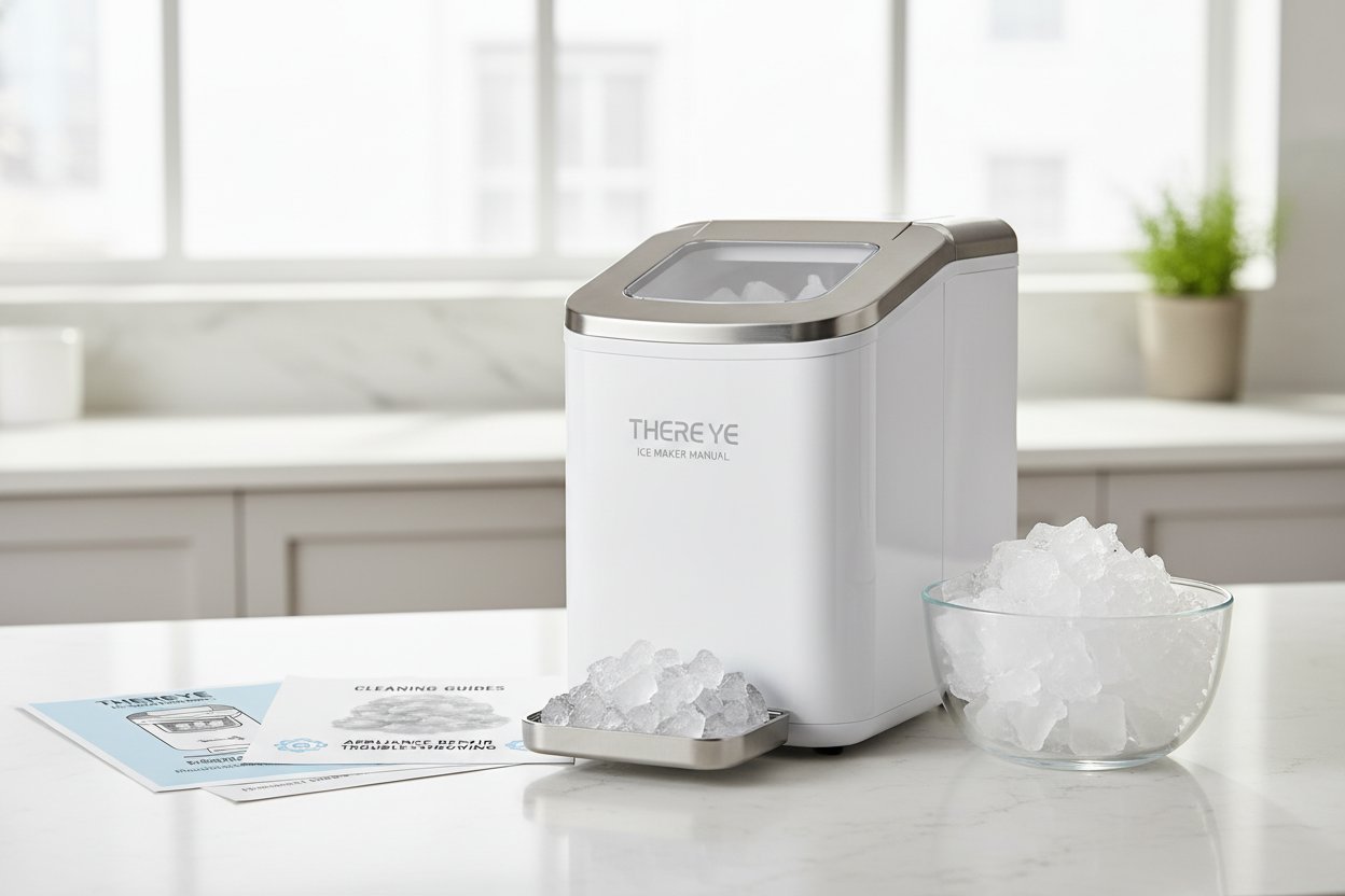 A person consulting a manual while troubleshooting a refrigerator ice maker unit.