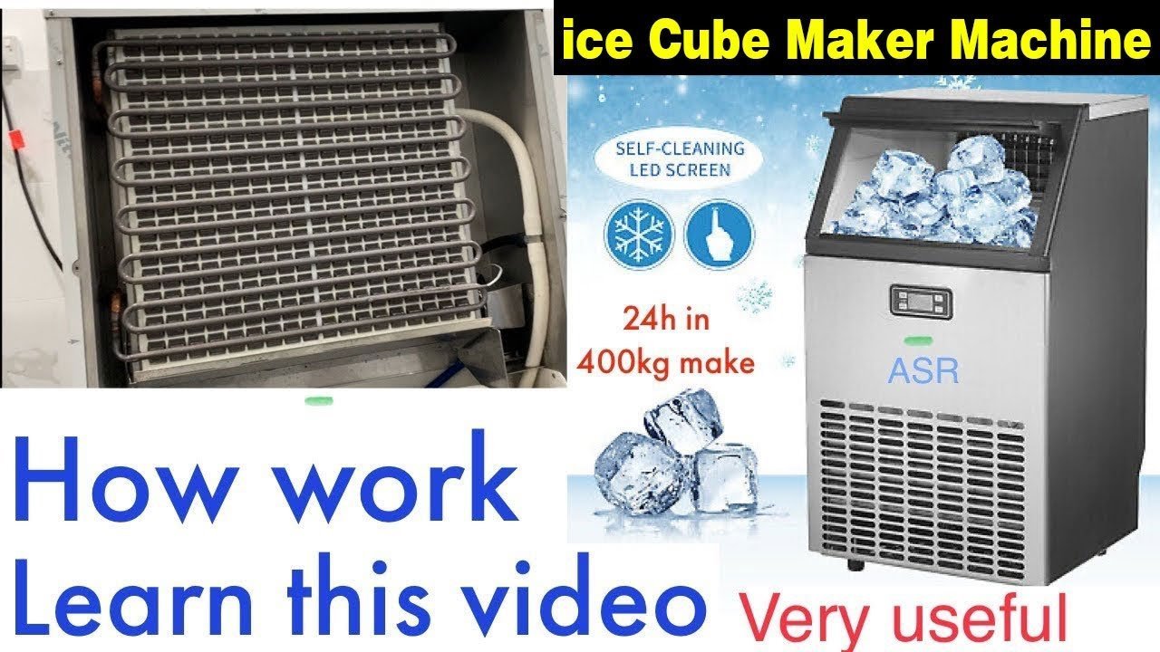 The internal cooling components and evaporator grid of a professional ice maker machine.
