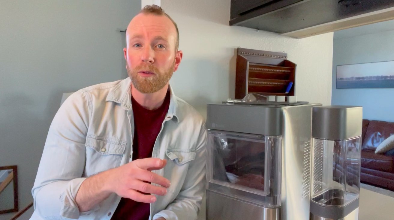 Checking app settings for a nugget ice maker in a kitchen.