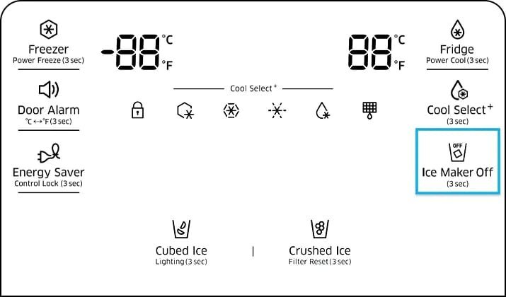 A digital control panel inside a refrigerator used for managing the ice maker settings.