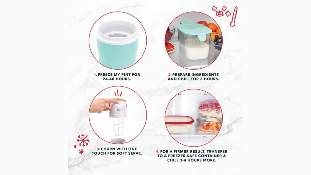 A vintage manual ice cream maker sits on a table with fresh dessert.