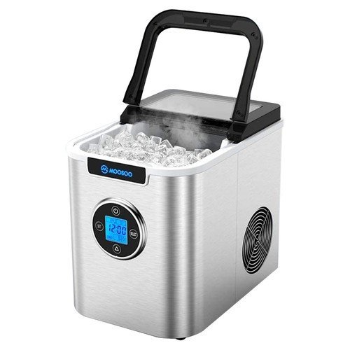Water being poured into the reservoir of a Moosoo ice maker on a countertop.