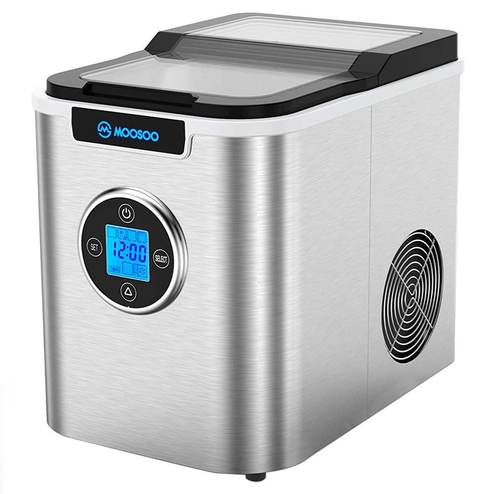 A Moosoo ice maker placed on a wooden table in a well-lit kitchen.