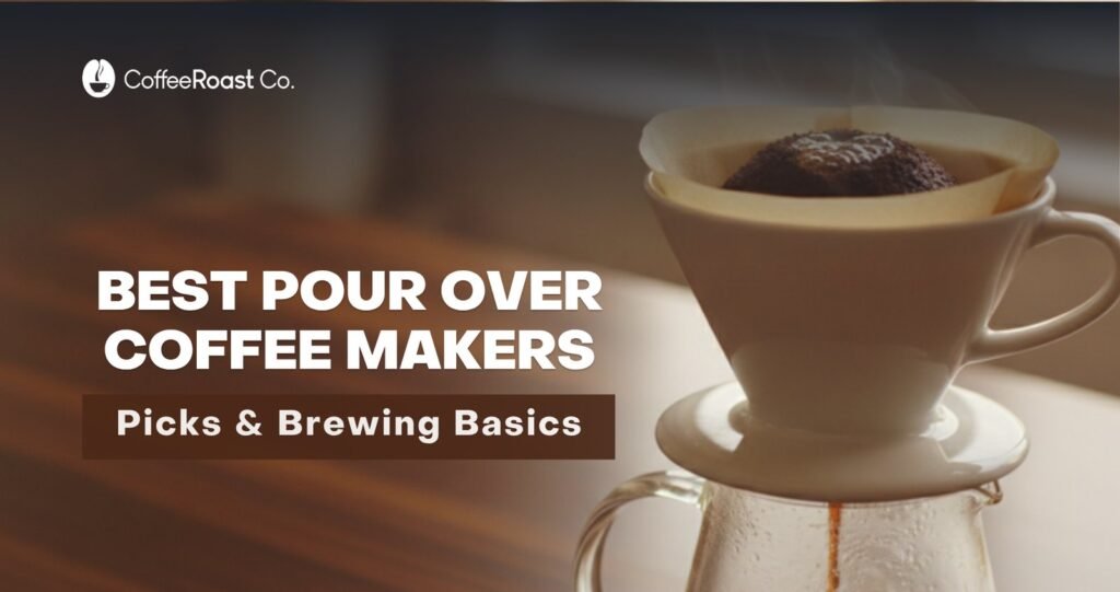 A steaming pour-over coffee setup with light roast grounds on a wooden kitchen counter.