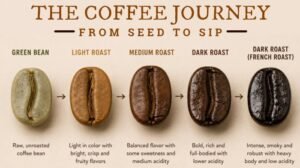 A variety of roasted coffee beans displayed for the best coffee bean roast guide.