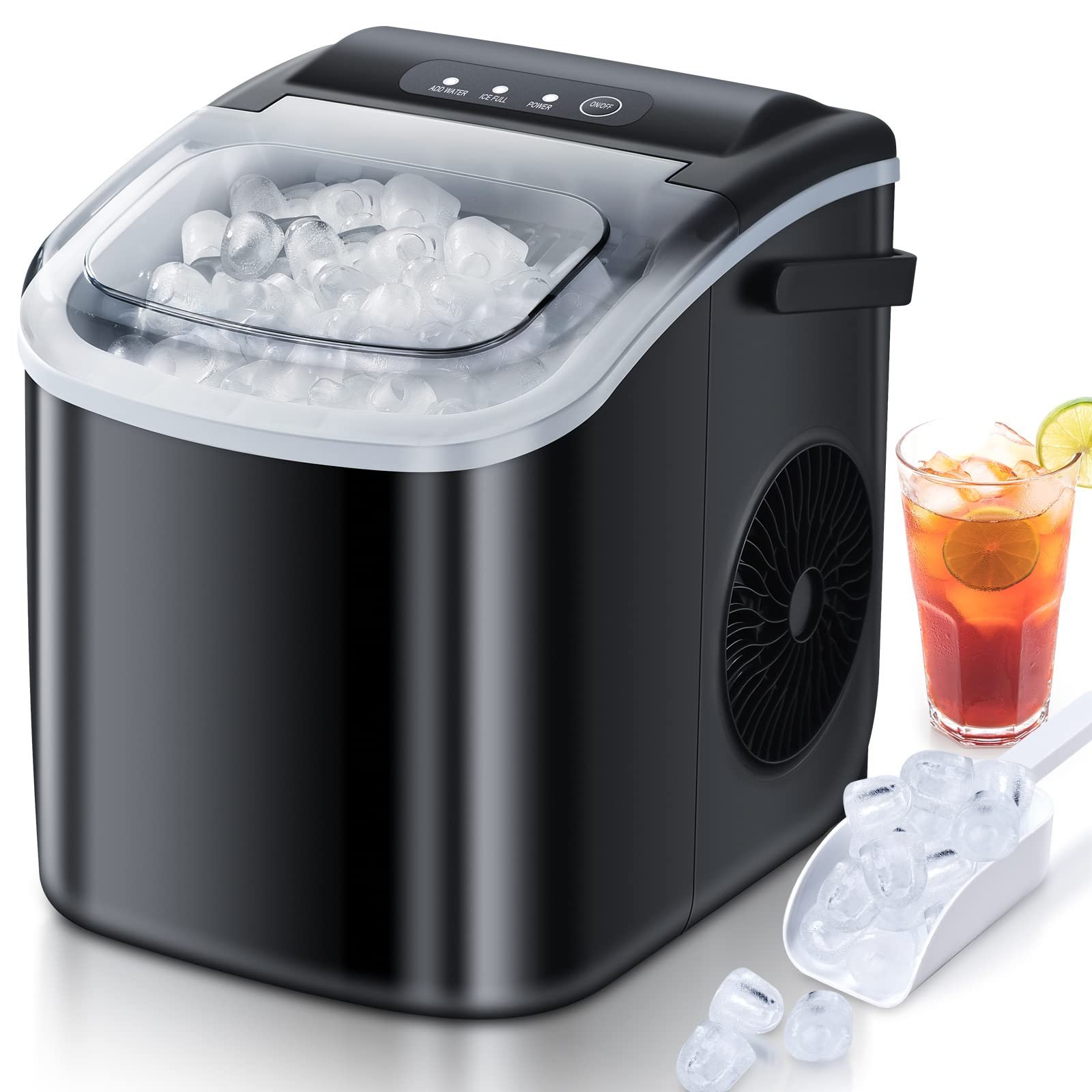 A glass of water with fresh ice cubes next to a home ice maker.