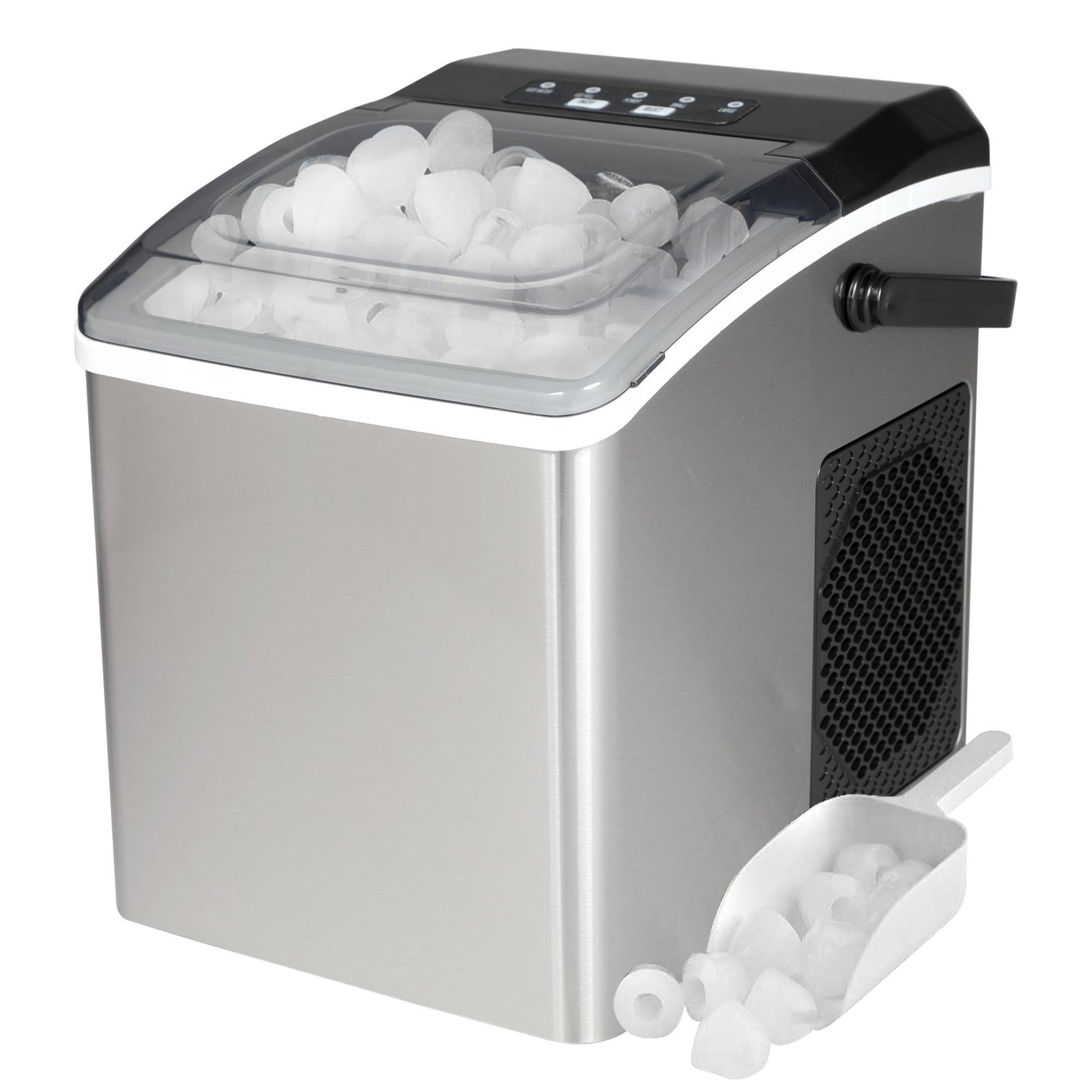 A glass of water and ice sitting on a counter near an ice maker.