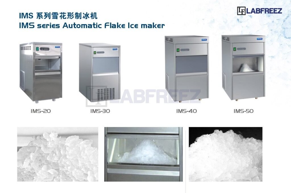 A modern commercial flake ice machine dispensing fresh ice in a professional kitchen.