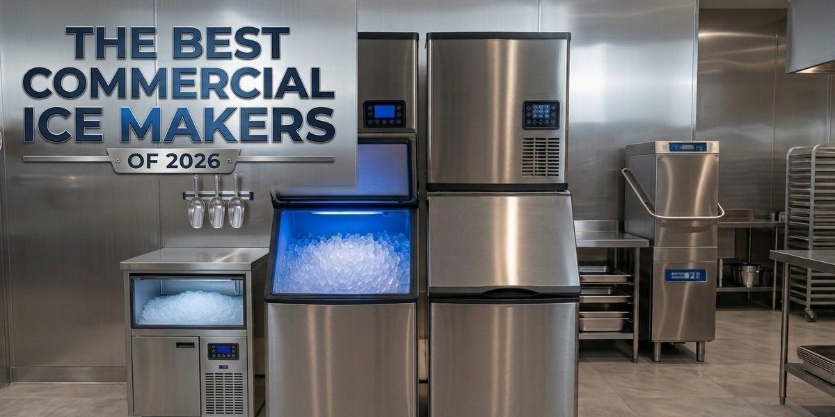A restaurant manager plans ice production needs next to a large commercial ice machine.