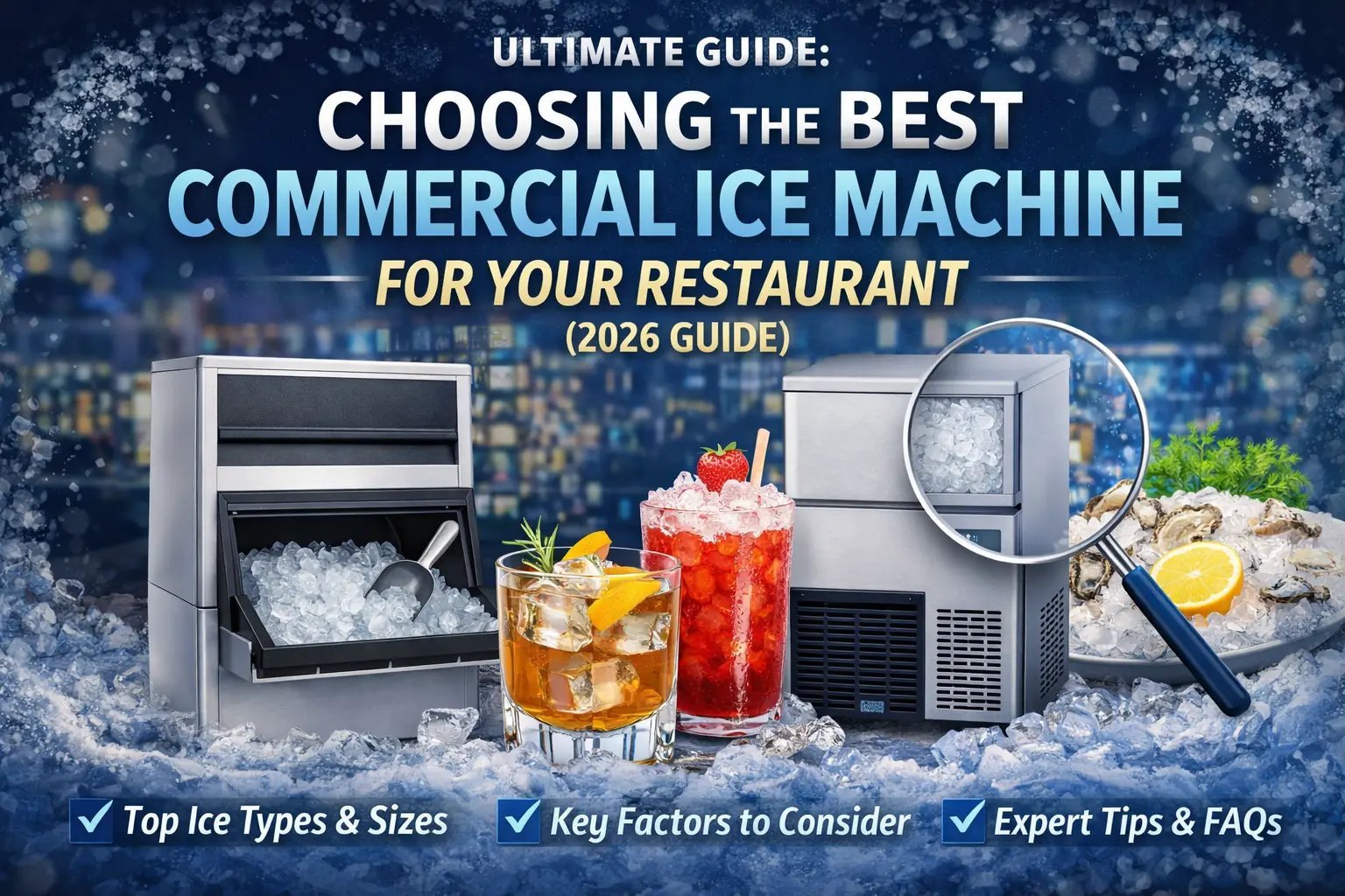 Crystal clear ice cubes inside a clean commercial ice maker storage bin.
