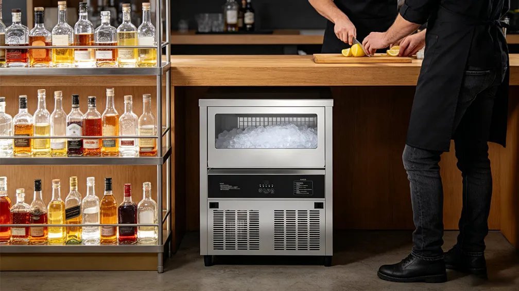 A person measures a kitchen cabinet opening before installing a new undercounter ice maker.