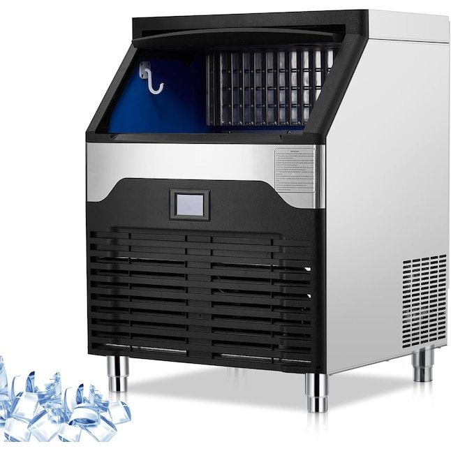 Close up of a quiet undercounter ice maker integrated into a modern kitchen cabinet.
