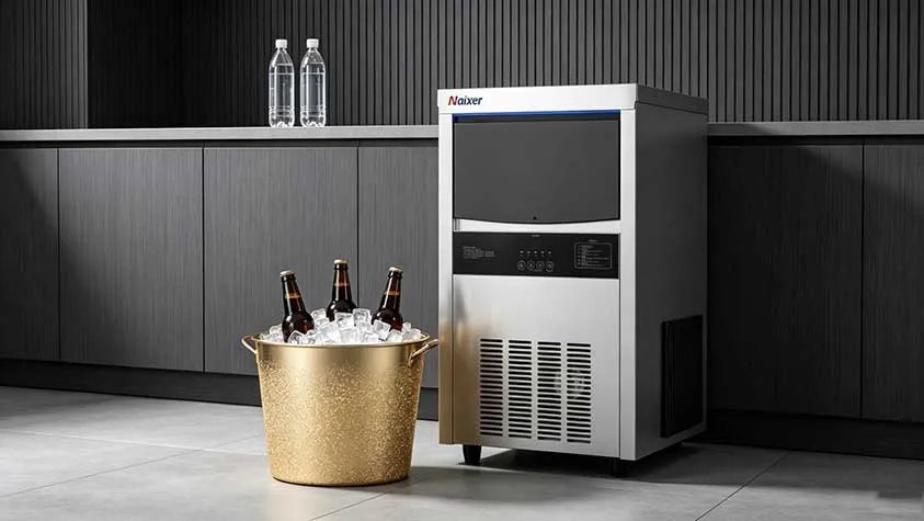 Modern undercounter ice maker installed in a clean, quiet, and contemporary home kitchen.