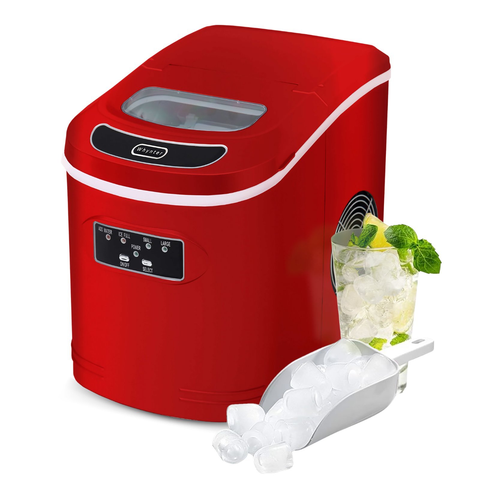 Various portable ice makers are displayed on shelves in a modern retail appliance store.