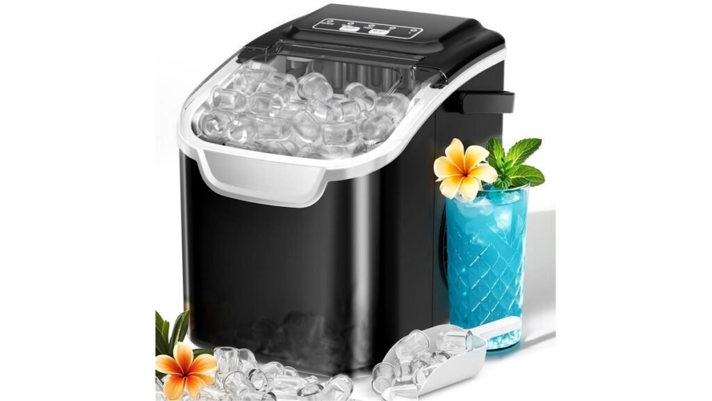 A modern portable ice maker sits on a clean kitchen counter near a glass.