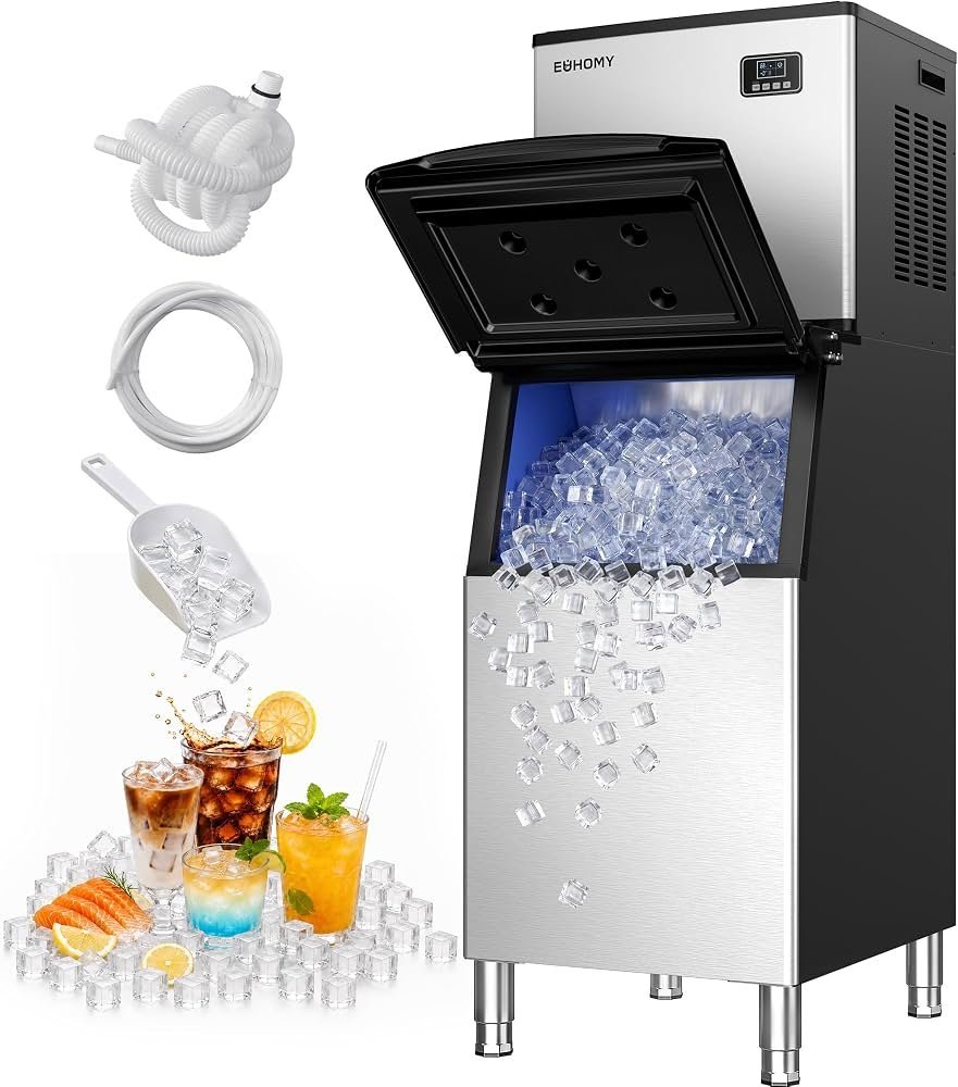 Various models of ice maker machines are displayed on shelves in a store.