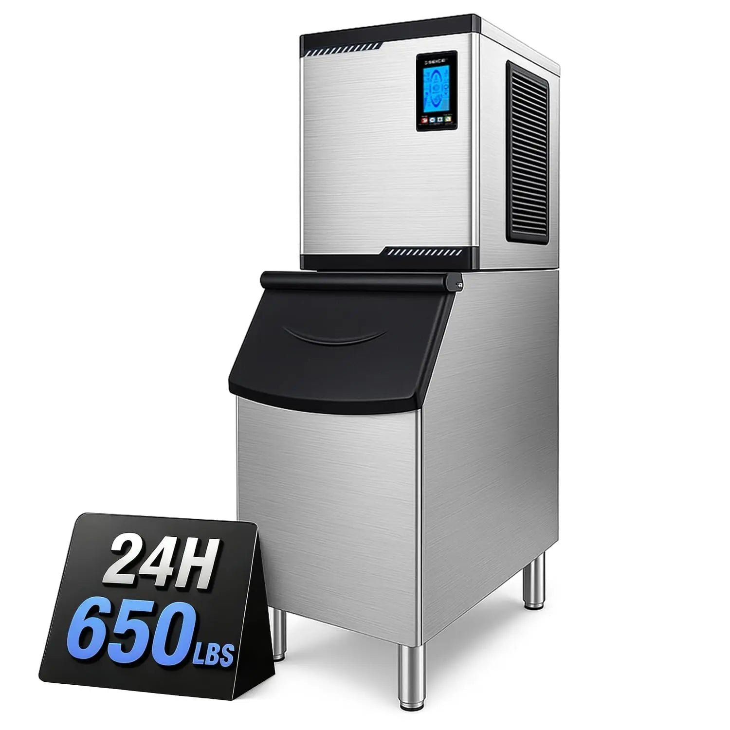 A person fills a countertop ice maker with water in a home kitchen.