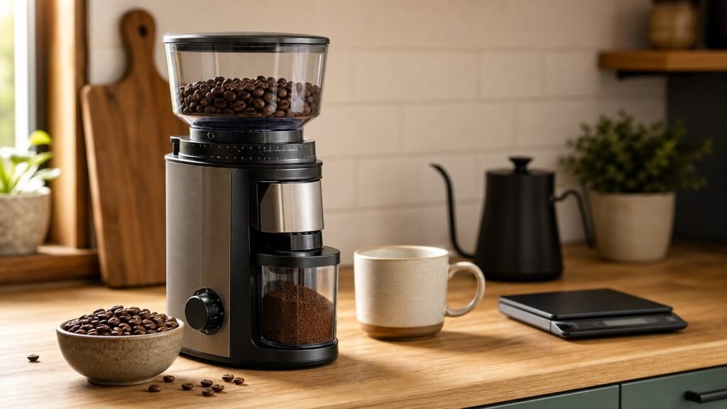 A bag of artisan coffee and brewing equipment on a bright kitchen counter.