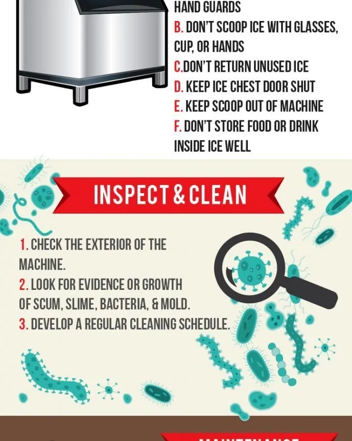 A clean ice storage bin filled with fresh ice and a plastic scoop.