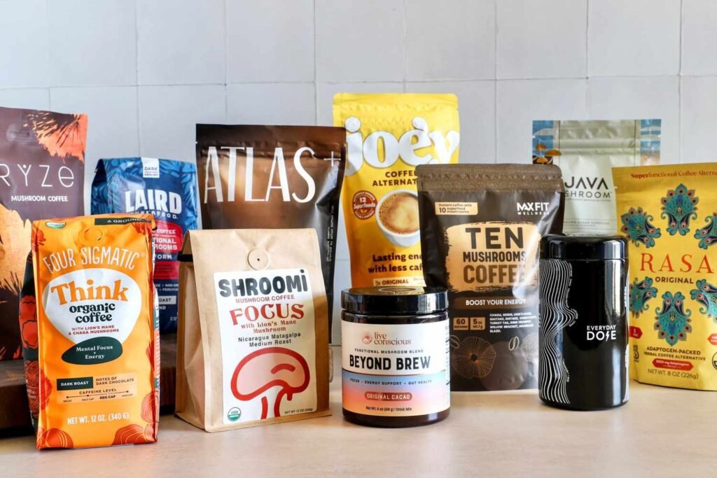 A collection of premium coffee and tea beverage bundles displayed on a store shelf.