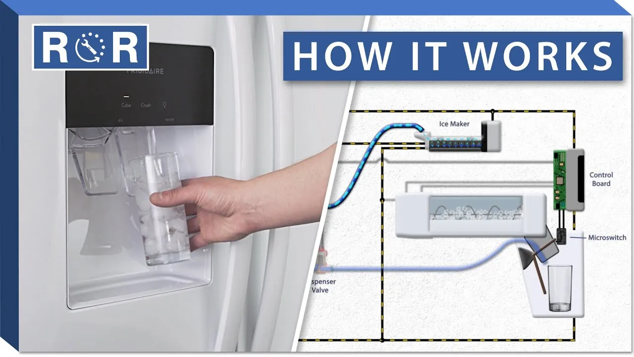 A glass of ice cubes beside a new water filter near a refrigerator.