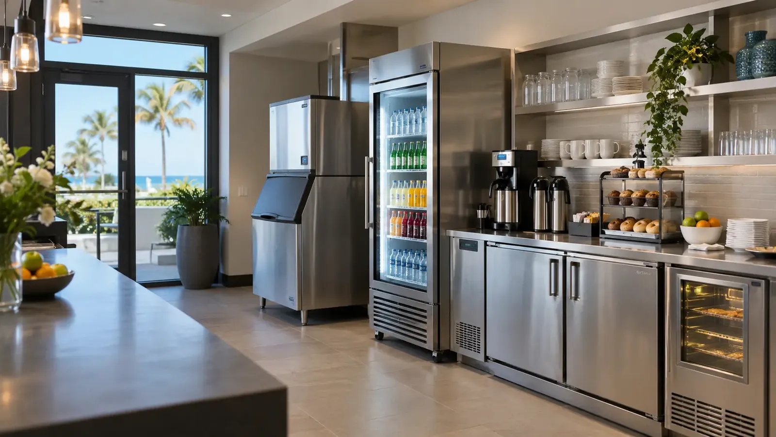 A hotel guest fills an ice bucket from a hallway ice machine.